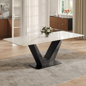 Bàn ăn hiện đại hình chữ nhật 71 inch dành cho 6 người, mặt bàn đá sintered trắng bóng, chân kim loại, dùng cho nhà ở & nhà hàng - Product Image 4