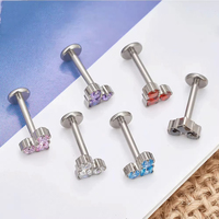 Piercing d'oreille en titane ASTM F136 avec zircone cubique taille cœur, gemme multicolore, filetage interne, dos plat, pour cartilage, hélix, tragus
