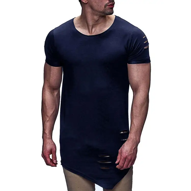 Supply Asymmetric Hem Ripped Longline Tee Shirt Homme