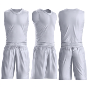 Ensemble d'uniformes de basketball blancs sans manches, maillot de l'équipe à col en V, short, logo personnalisé (avant/arrière) imprimé par transfert thermique, 100 % polyester - Product Image 1