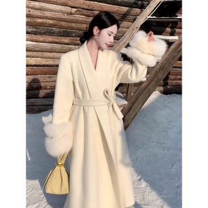 OUDINA inverno polsini in pelliccia di volpe rimovibile con risvolto doppio lato <span class=keywords><strong>lungo</strong></span> <span class=keywords><strong>lungo</strong></span> <span class=keywords><strong>Trench</strong></span> cappotto di lana da donna - Product Image 5