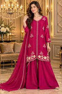 Embroidered Churidar Plazo Suit Chiffon Dupatta Traditional Dress <b>Wedding</b> Festival Wear Buttersilk Pure Stuff Handwork Wrinkle - Product Image 5