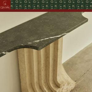 <span class=keywords><strong>Table</strong></span> <span class=keywords><strong>console</strong></span> moderne en travertin GOLDKING avec plateau en marbre foncé et base en pierre beige, meuble d'entrée, design personnalisé, directement de l'usine - Product Image 2