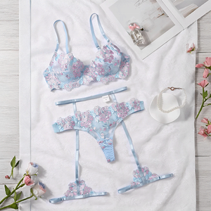 Neu im Mai Damen Komfortabler Push-up BH Set Blumenstickerei Unterwäsche Größe XL Himmelblau Blumiges Sexy Dessous für Erwachsene - Product Image 1