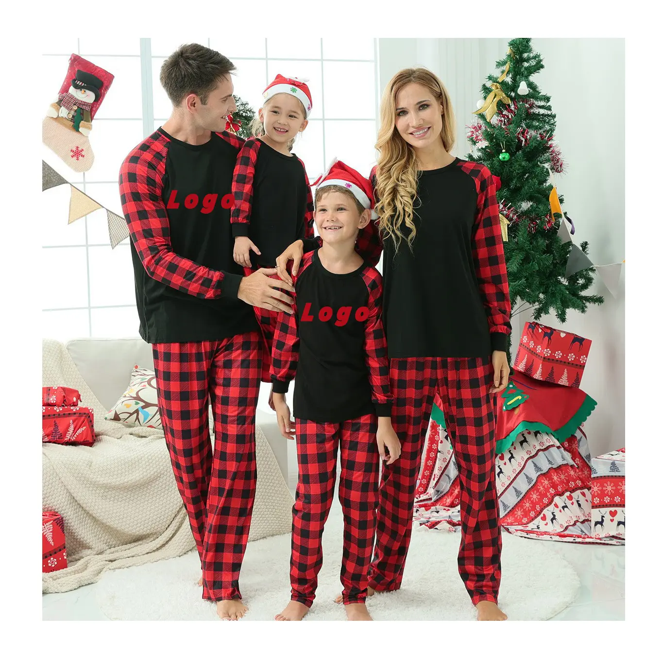 अनुकूलित शब्द मुद्रित परिवार क्रिसमस पजामा माँ पिताजी के लिए काले और लाल सेट pijamas बच्चों