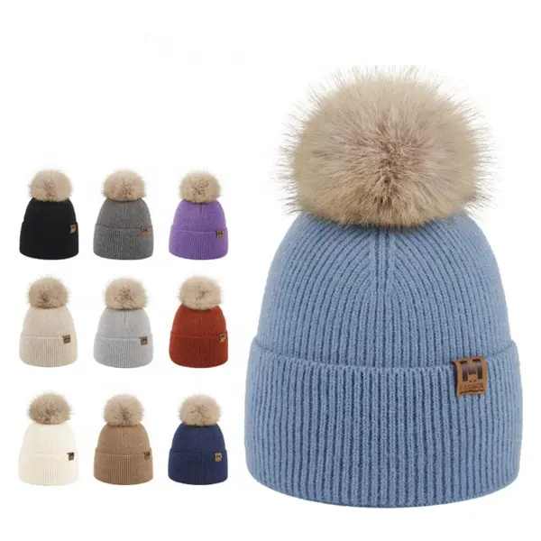 Hot selling Womens Girls Winter Fur Hat Faux Raccoon Fur Pom Pom Leather Label Knitted Beanie Hats