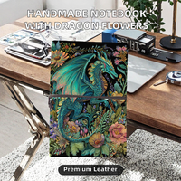 Carnet A6 en cuir fait main à couverture rigide, reliure à anneaux, finition polie, pour le croquis, l'apprentissage et le bricolage (Motifs Dragon, Fleurs, Feuilles)