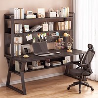 Wit houten bureau met wandplank, modern computerbureau, thuiskantoor meubilair, studeertafel, schrijftafel met opbergruimte