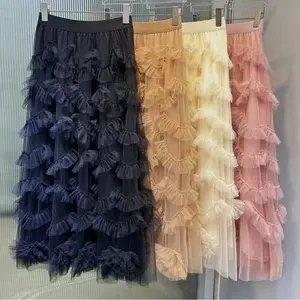 Nuevo 2024 primavera moda faldas largas de alta calidad para mujer cintura elástica con volantes en cascada flor Sexy tul malla larga Maxi falda