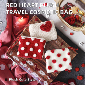 Wholesale <b>Foldable</b> Candy Red Heart Plush Cosmetic Bag Travel Makeup Storage Letter Zipper Cute Pouch Portable Handle for - Product Image 2