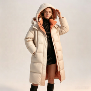 Veste matelassée personnalisée pour femme en <span class=keywords><strong>duvet</strong></span> <span class=keywords><strong>de</strong></span> <span class=keywords><strong>canard</strong></span> blanc à 90 %, manteau parka OEM ODM, contrastant ivoire et orange, longue, à capuche, chaude pour l'hiver - Product Image 1