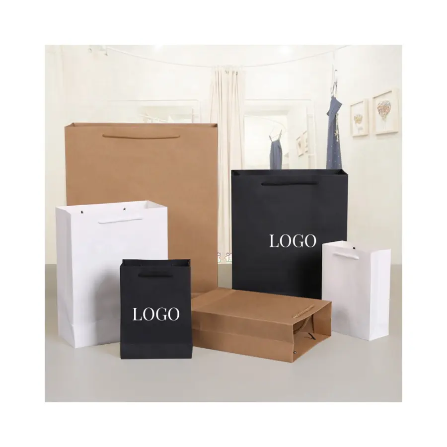ロゴが印刷された白黒と茶色のクラフト紙ツイストハンドルショッピングキャリアバッグ