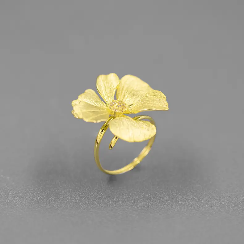 Anéis de prata esterlina 925, flor de peônia com abertura ajustável