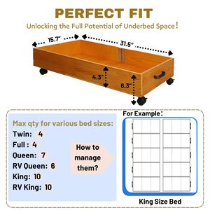 Cassetto portaoggetti in legno massello con 4 ruote per sottoletto, organizer per camera da letto con maniglia, contenitore portaoggetti per vestiti - Product Image 5