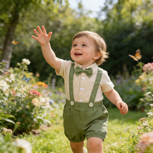 <span class=keywords><strong>Baby</strong></span> Jungen Formelles Outfit-<span class=keywords><strong>Set</strong></span> Baumwollkleidung Strampler mit Fliege & Hosenträger-Shorts Sommer-Anzug Neugeborenen-Kleidung <span class=keywords><strong>Baby</strong></span>-Partykleid - Product Image 1