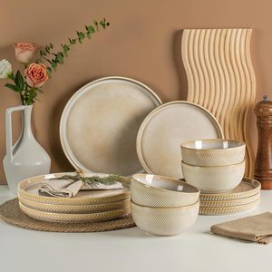 Service de table en grès EKA 12 pièces, assiettes et bols en céramique résistants aux rayures, compatibles lave-vaisselle et micro-ondes - Product Image 1