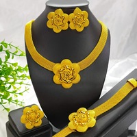 Parure de Mariage Vintage de Luxe Dubaï, Bijoux en Laiton Plaqué Or 24K, Collier et Bague Fleur pour Anniversaires et Fiançailles