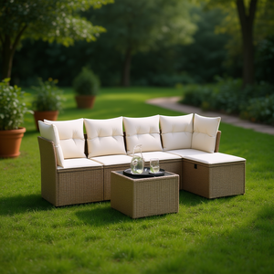 Conjunto de Sofá de Jardín de Ratán Beige de 4 Plazas, Muebles de Exterior Resistentes a la Intemperie, Diseño Contemporáneo - Product Image 2