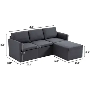 Sofá de design moderno cinza escuro em forma de l, sofá com 3 assentos com ottoman