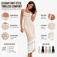 Robe midi côtelée pour femme FNJIA, beige, col carré, bretelles spaghetti, ourlet rayé, impression personnalisée, fournisseur de tricots OEM