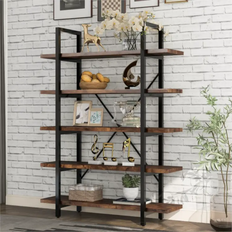 Modern Steel 5-tier Retro Brown Industrial Pipe Metal Decorative Bookcase and Book Shelves Vintage Bookshelves Home Furniture