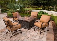 Ensemble de Patio extérieur en acier de 5 pièces avec 4 fauteuils à bascule, coussins de coucher de soleil et Table de foyer carrée