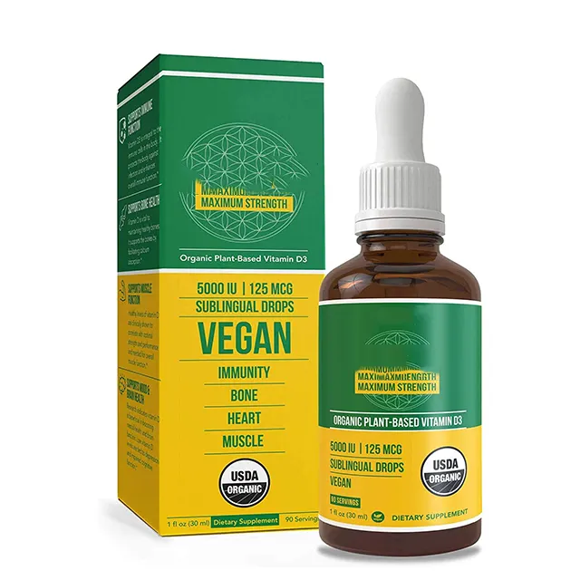 Organic Vitamin D3 5000 IU Vegan Max Strength Sublingual Liquid D3 Drops Higher Absorption Plant-Based Cholecalciferol Form