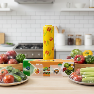<span class=keywords><strong>Pellicola</strong></span> trasparente personalizzata per alimenti con supporto e coltello da taglio per avvolgere frutta e verdura. - Product Image 3