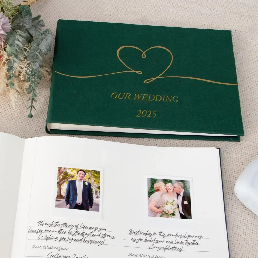 Venta al por mayor de impresión personalizada de tapa dura moderna compromiso bendición firma conmemorativa foto libro de invitados de boda