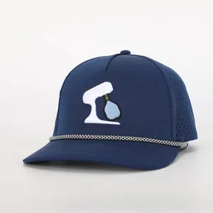 Cappello impermeabile con Logo ricamato all'ingrosso con 5 pannelli in corda di poliestere berretto da Baseball di alta qualità personalizzato OEM Laser Cut Hole Golf Gorras