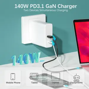 140W 2C 5V3A 9V3A 12V3A 15V3A 20V5A 28V5A Fast Charging Charger GaN PD 3.1 QC 3.0 Dual USB C Fast Charger With Detachable Plug