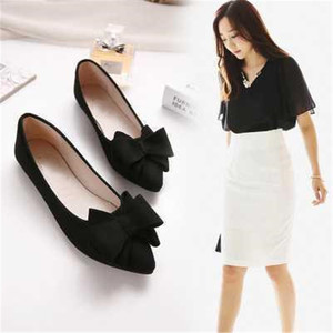 Primavera y otoño, nuevos zapatos puntiagudos de boca baja para mujer, zapatos individuales de tacón plano con lazo plano, zapatos de cucharón de calabaza - Product Image 1