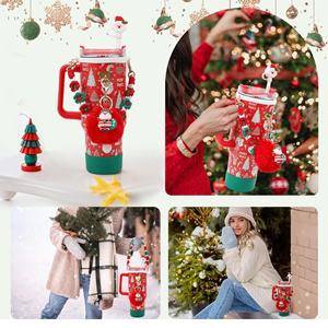 ชุดอุปกรณ์ตกแต่งแก้วน้ำสไตล์คริสต์มาส 7 ชิ้น ฝาซิลิโคนและจุกปิดหลอดพร้อมพวงกุญแจรูปหัวใจขนปุย ของตกแต่งแก้วน้ำ - Product Image 4