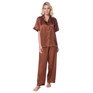 Luxury Satin Brown <strong>Button</strong> Down PAJAMA Sets for Women Cooling <strong>Dressing</strong> <strong>Gown</strong> with Thermal Features for Daily Life Summer Sleep - Product Image 1