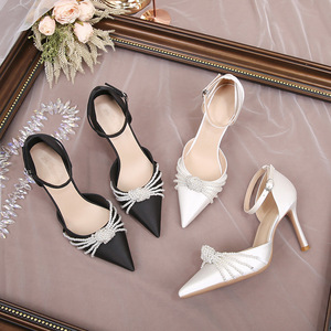 New Multi-pearl <b>Pointed</b> <b>Toe</b> Stiletto High Heels Sexy Satin Wedding Shoes - Product Image 4