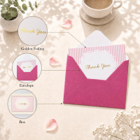 Carte de remerciement personnalisée pour mariage, en papier cartonné rayé rose et blanc, avec dorure à chaud et enveloppes pliées