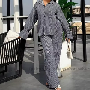 Women's Striped Button-<b>Down</b> Bell-Sleeve Long-Sleeve Shirt & Wide-Leg <b>Pants</b> African Casual 2-Piece Set Fashion - Product Image 2