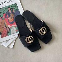 Damen Echtleder Slide-Sandalen Atmungsaktiv Rutschfest Leichtgewichtig Bedruckt Metallakzent Flache Sohle Offene Modische Trendige Schuhe