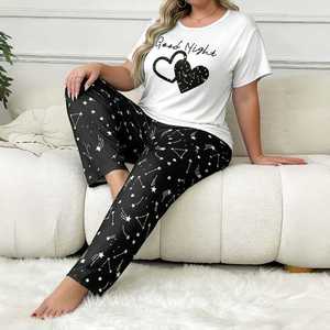 Ventes directes usine OEM – Ensemble pyjama décontracté respirant pour femme, imprimé cœurs, manches courtes et pantalon, grandes tailles, tenue d'intérieur - Product Image 3