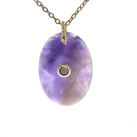Pendentif minimaliste géométrique ovale en pierre naturelle avec incrustation de strass, plaqué or, améthyste/obsidienne/œil de tigre