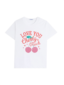 T-shirt Casual da Donna per San Valentino con Stampa Ciliegia e Scritta, Girocollo, Manica Corta, Traspirante, 100% Cotone, Top Primavera Estate - Product Image 1