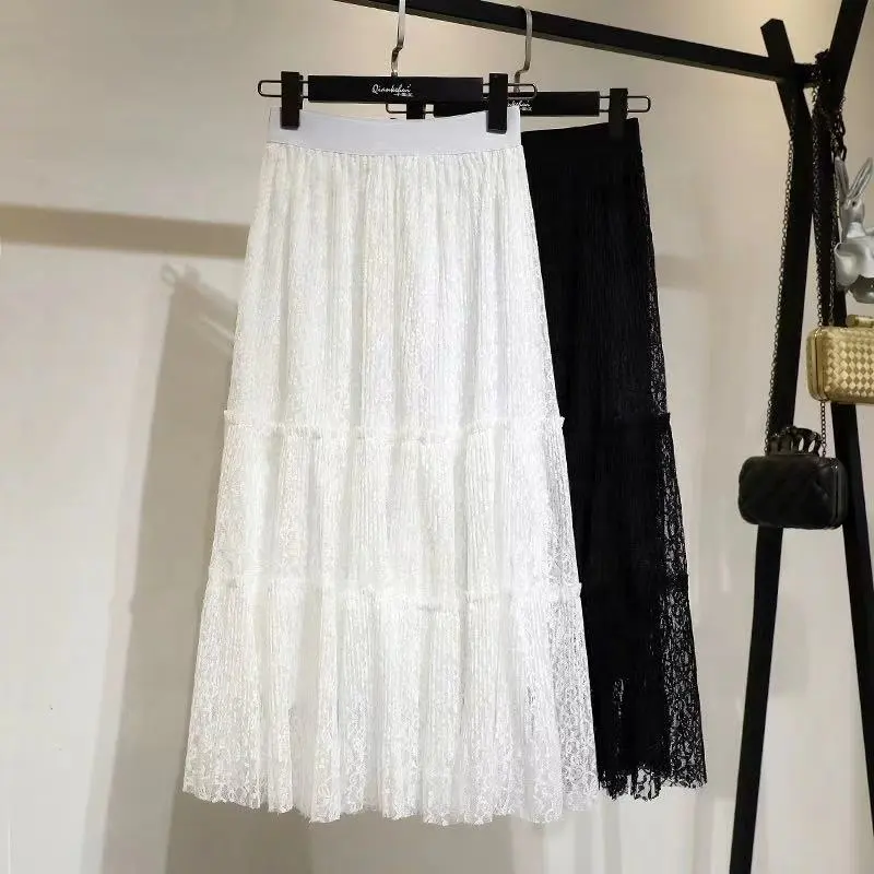 Wholesale Women Lace Drape Pleated Skirts Hot Sale Ladies Long Midi Summer Korean Style High Quality Elastic Elegant Skirt