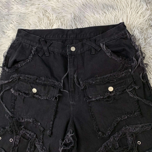 Supplier Streetwear Y2k Membuat Celana Denim Patchwork Fringe Gaya Hip Hop Jalanan untuk Pria, <span class=keywords><strong>Jeans</strong></span> Baggy Ripped - Product Image 3