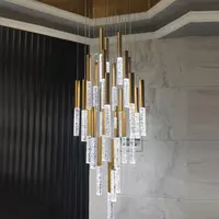 Modern çağdaş villa uzun merdiven boşluğu led asılı spiral altın kolye kristal aydınlatma avize