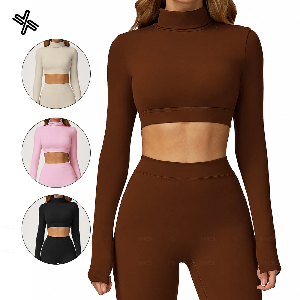 Custom Tight Long Sleeves Gym Fitness Clothes Slim Sports Running Comfortable High Collar Backless Pilates Top for Women