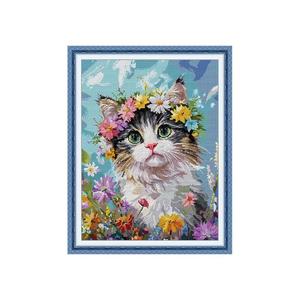 Gato con Corona <span class=keywords><strong>de</strong></span> Flores en Campo Abierto, Hilos <span class=keywords><strong>DMC</strong></span>, Kit <span class=keywords><strong>de</strong></span> Bordado <span class=keywords><strong>de</strong></span> <span class=keywords><strong>Punto</strong></span> <span class=keywords><strong>de</strong></span> <span class=keywords><strong>Cruz</strong></span> DIY 16/14/11CT para Principiantes, Set para Regalo - Product Image 2