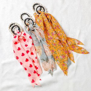Élastique à cheveux en ruban de soie avec perles, motif floral, accessoire pour queue de cheval, pour femme, décontracté, été 2024 - Product Image 1