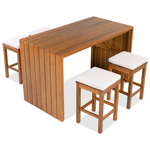 Outdoor Bar <b>Set</b> Acacia Wood Bar Height <b>Table</b> With Four <b>Stools</b> Cushions Patio Dining Furniture For Backyard - Product Image 3