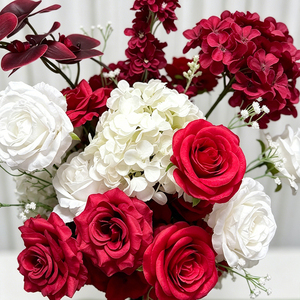Luxurious Modern Handmade Red White Artificial Floral Arrangement Silk Roses Hydrangeas Orchids for Wedding Table Centerpieces - Product Image 4