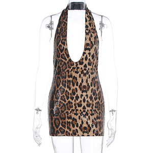 Viviblook Z1125DS01 Autumn New Women Sexy Hot Girl Sleeveless Deep V Neck Leopard <b>Print</b> <b>Mini</b> Dress for Women Party Dress - Product Image 2